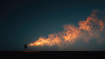 A lone figure stands in a dark landscape, surrounded by vibrant smoke and light, evoking feelings of contemplation and mystery in a surreal setting.の素材