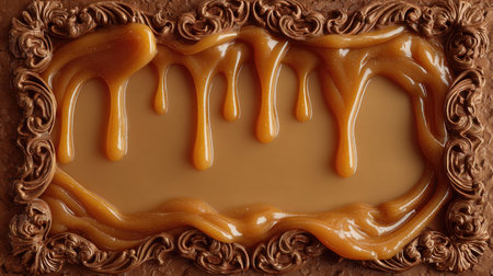 An artistic depiction of caramel sauce dripping from an ornate frame, set against a textured chocolate background, evoking feelings of indulgence and gourmet sweetness.の素材