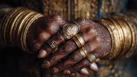 This captivating image features beautifully adorned hands showcasing detailed henna patterns and elegant golden jewelry, reflecting rich cultural heritage.の素材