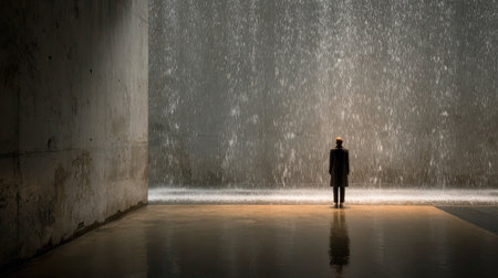 A solitary figure stands in contemplation before a dramatic waterfall, casting reflections on the urban floor, evoking a sense of tranquility and introspection.の素材