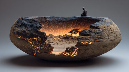 A captivating stone sculpture features an enchanting illuminated landscape inside, revealing a meditative figure reflecting on a cosmic scene.の素材