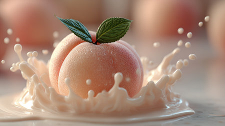This vibrant image showcases fresh peaches splashing in creamy liquid, accentuated by a mint leaf, ideal for food and beverage projects.の素材