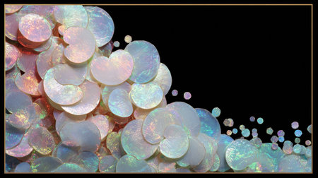 This mesmerizing image showcases iridescent circular shapes that reflect a spectrum of colors against a deep black background, emphasizing their unique beauty.の素材