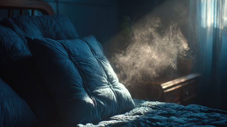 This image captures a cozy bedroom ambiance featuring soft light illuminating pillows and gentle mist rising from blankets, creating a serene atmosphere.の素材