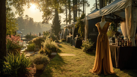 A stunning outdoor event scene featuring a beautifully arranged garden, elegant dress display, and sunset ambiance, perfect for special occasions.の素材