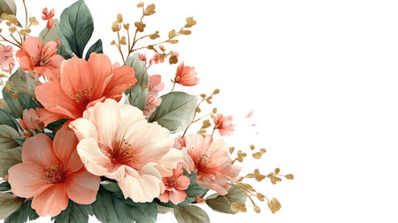 A stunning floral arrangement featuring soft peach and cream flowers, beautifully contrasted against a white background. Ideal for decorative accents.の素材