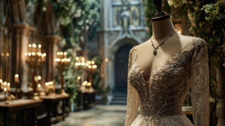 A stunning wedding dress displayed elegantly on a mannequin, set in a romantic venue filled with candles and lush greenery, exuding timeless beauty.の素材