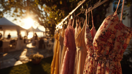 A collection of elegant summer dresses hangs on a clothesline, capturing the warmth of sunset light at an outdoor event, creating a beautiful atmosphere.の素材
