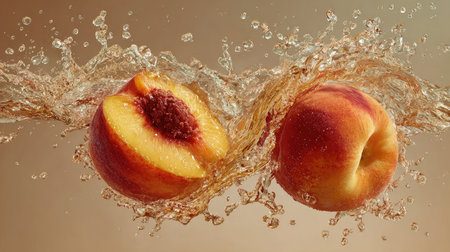 This dynamic image features two ripe peaches splashing in clear water, showcasing their freshness and vibrant colors. Perfect for food and health themes.の素材
