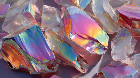 This vibrant image showcases iridescent crystal stones reflecting a spectrum of colors, set against a soft gradient background, ideal for creative projects.の素材