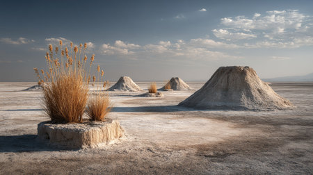 Discover a unique and tranquil landscape of salt flats featuring natural structures and dry vegetation. This serene setting evokes a sense of calm and adventure amidst a breathtaking desert environment.の素材