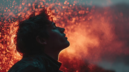 A serene profile of a young man immersed in rain, illuminated by vibrant colorful light and surrounded by an enchanting atmosphere that evokes deep emotions.の素材