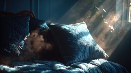 A serene bedroom scene featuring soft blue pillows on a cozy bed with sunlight rays streaming through the window, creating an inviting atmosphere.の素材