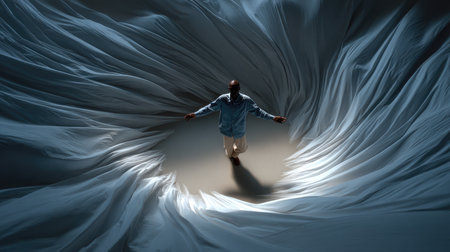 A solitary man stands amidst a swirling backdrop of white fabric, with arms outstretched in a tranquil pose, capturing a moment of peace and introspection.の素材