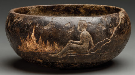 This ancient bowl features a beautifully detailed carving of a figure sitting beside a fire, showcasing exceptional craftsmanship and cultural history.の素材