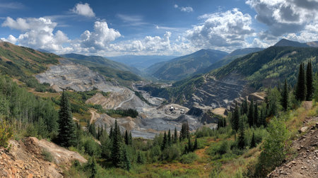 This image captures a breathtaking panoramic view of a mountainous landscape showcasing mining operations alongside lush green forests under a vibrant blue sky dotted with clouds.の素材