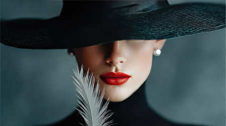 This striking portrait features a mysterious woman in a black hat, showcasing her stunning red lips and delicate feather. The dramatic lighting enhances the elegance and sophistication of the scene.の素材