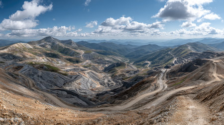 An expansive mountain landscape showcasing unique terrain features under a dramatic sky. The image captures stunning natural beauty, highlighting geological formations and a sense of adventure.の素材