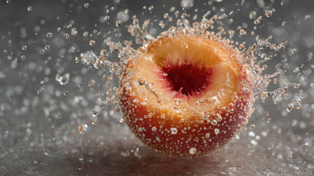 A vibrant peach half splashes into water, creating a dance of bubbles against a sleek gray background. Perfect for culinary or health-themed projects.の素材