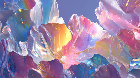 Stunning abstract image showcasing colorful iridescent petals, radiating soft hues and gentle reflections, perfect for design projects and artistic inspiration.の素材