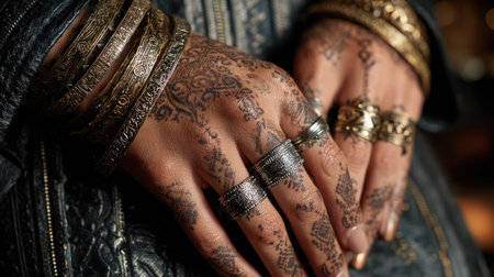 This close-up image captures elegant hands elaborately adorned with intricate henna patterns and silver jewelry, reflecting rich cultural artistry and beauty.の素材