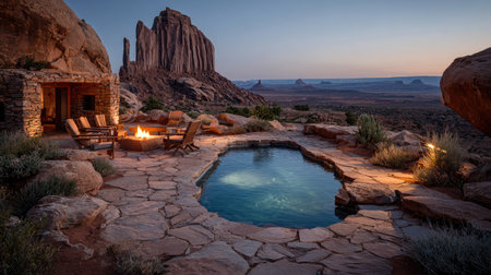 Experience a tranquil desert retreat featuring a serene pool and cozy fire pit. Enjoy breathtaking views of majestic rock formations at dusk.の素材