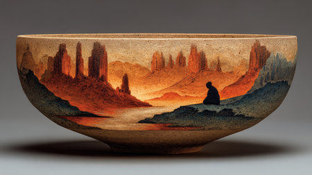 This stunning bowl showcases a serene landscape with a silhouetted figure meditating amidst towering mountains, blending warm earthy tones. Ideal for inspiring calm.の素材