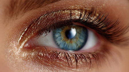 A captivating close-up shot showcasing a beautifully made-up eye with shimmering glittery tones and long eyelashes. The intricate details highlight the elegance and vibrant colors, perfect for beauty and fashion themes.の素材