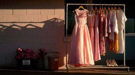 A captivating display of elegant dresses showcased in soft evening light, surrounded by vibrant floral elements and stylish accessories, creating a charming setting.の素材