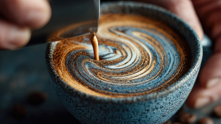 This captivating image captures the moment of a skilled barista pouring cream into a cup of espresso, creating beautiful swirling patterns that highlight the artistry of coffee preparation.の素材