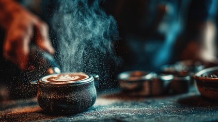 Capture the essence of artisanal coffee making with this close-up image showcasing steam, milk foam, and intricate latte art in a cozy cafe environment.の素材