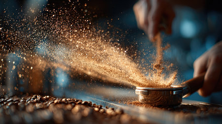 An engaging action shot of a barista expertly preparing fresh coffee grounds, capturing the dynamic energy and aromatic essence of coffee making.の素材