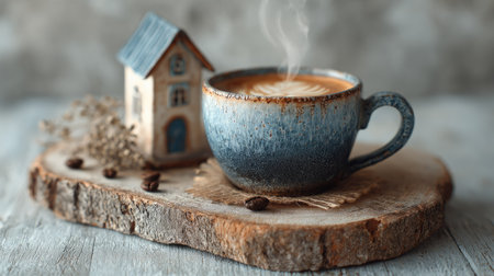 A charming still life composition featuring a steaming cup of coffee with a cozy ambiance, accented by a miniature wooden house on a rustic slice of wood.の素材