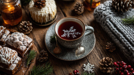 Capture the essence of winter with a cozy still life featuring herbal tea in a patterned cup, delectable desserts, and natural decorations.の素材