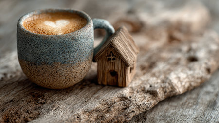 A cozy coffee scene featuring a heart design cup and a miniature wooden house on a rustic surface. Perfect for evoking warmth and relaxation.の素材