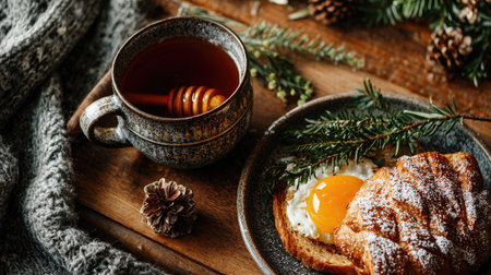 A cozy breakfast scene featuring a perfectly cooked egg on a warm croissant, accompanied by honey and a steaming cup of tea, adorned with pine decor.の素材