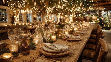 A beautifully arranged dinner table adorned with warm candlelight and sparkling string lights, creating a magical and inviting atmosphere for gatherings.の素材