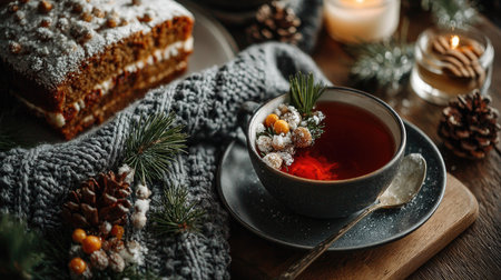 Experience a cozy winter scene featuring a warm cup of tea beside a festive cake, surrounded by pine decorations and soft textiles on a rustic wooden table.の素材