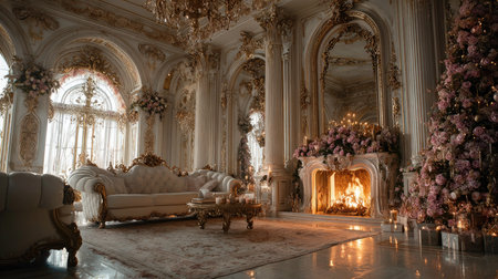 This captivating image showcases an elegant living room filled with luxurious decor, plush furniture, and a cozy fireplace, perfect for inspiring home design ideas.の素材