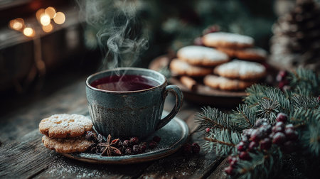 A cozy arrangement featuring a steaming cup of tea paired with delicious cookies, set against a backdrop of winter decor and soft, glowing lights.の素材