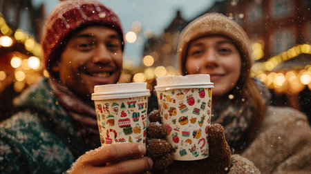 A joyful couple smiles as they hold colorful festive coffee cups at a charming holiday market, surrounded by snow and delightful decorations.の素材