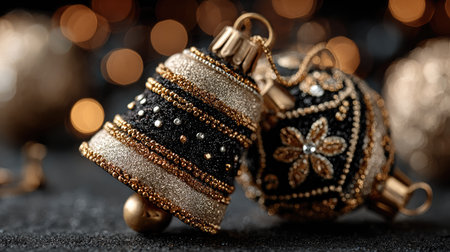 This stunning image showcases elegant Christmas ornaments featuring a delicate blend of black and gold. The soft bokeh background enhances the festive spirit, making it perfect for holiday decor inspiration.の素材