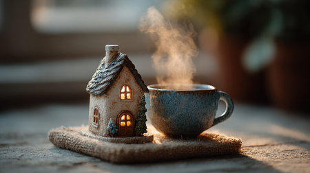A charming scene featuring a miniature house beside a steaming cup of coffee, evoking warmth and coziness. Perfect for lifestyle and decor concepts.の素材