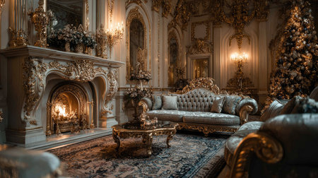 Immerse yourself in a luxurious vintage living room featuring an elegant sofa, ornate fireplace, and exquisite holiday decorations, creating a warm ambiance.の素材