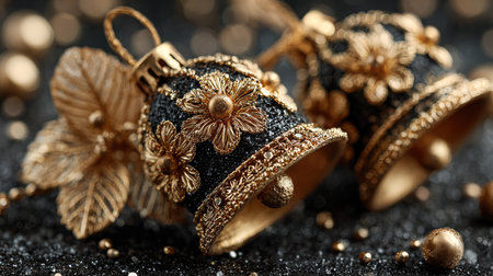 This image features exquisite decorative bells showcasing intricate floral patterns and golden accents, elegantly positioned on a textured black surface, perfect for festive themes.の素材