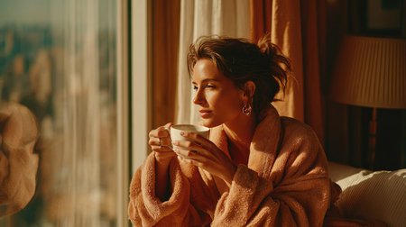 A serene moment captured as a woman enjoys her morning coffee by the window. Dressed in a cozy robe, she basks in the warm sunlight, creating a peaceful atmosphere.の素材