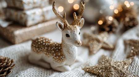 A stunning decorative golden reindeer figurine captures attention, surrounded by festive ornaments, twinkling lights, and a soft textile backdrop, evoking holiday charm.の素材