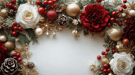 A stunning Christmas floral arrangement featuring elegant red and white flowers, pinecones, and shimmering gold ornaments, perfect for holiday decorations.の素材