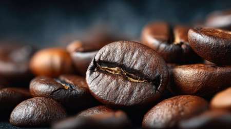 Discover a stunning close-up view of freshly roasted coffee beans showcasing their rich brown color and textured surface, perfect for food photography.の素材