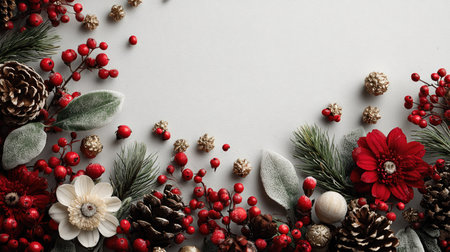 A stunning festive winter floral arrangement featuring pinecones, vibrant berries, and delicate flowers against a soft neutral background, perfect for holiday decor.の素材